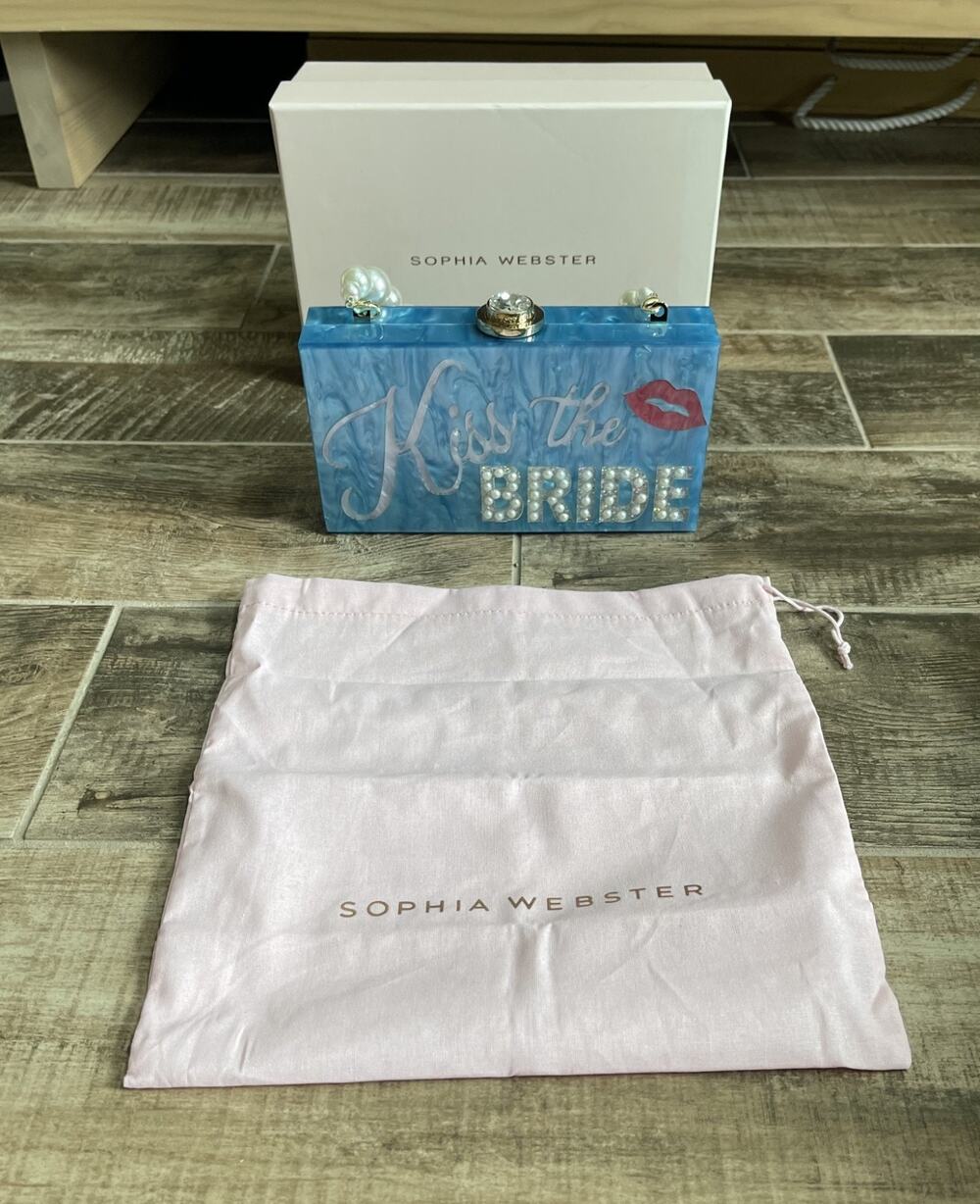 $650 NIB Sophia Webster Kiss The Bride Acrylic Clutch Blue Marble Pearl Box Bag